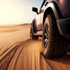 Fototapeta na wymiar car driving on a desert road with a focus on the tires gripping the sand, ai