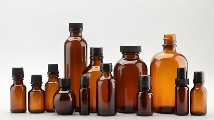 Various amber glass bottles for cosmetics, natural medicine, essential oils or other liquids isolated on a white background. Generative AI. - obrazy, fototapety, plakaty