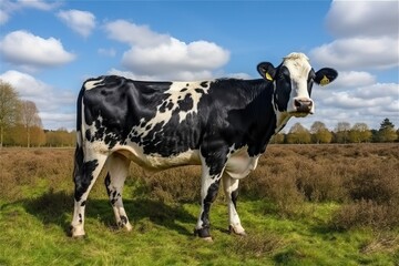 Fototapeta na wymiar Cow standing on green grass, Black and white color, farm animal (Ai generated)