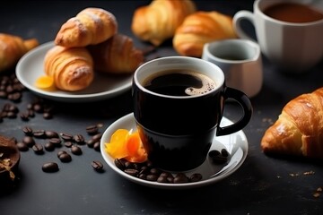 Black Coffee mug with breakfast on table (Ai generated)