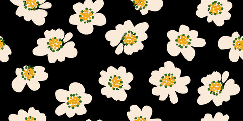 Hand drawn flowers, seamless patterns with floral for fabric, textiles, clothing, wrapping paper, cover, banner, interior decor, abstract backgrounds.