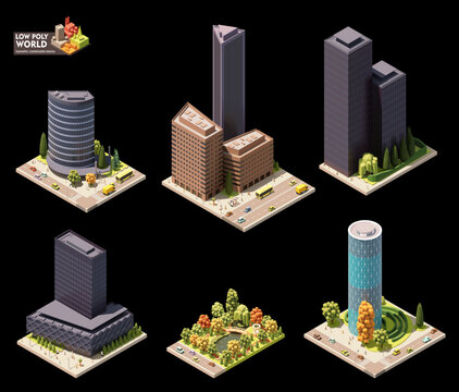 Vector isometric world map creation set. Combinable map elements. City downtown or center map. Skyscrapers, park, modern buildings and streets