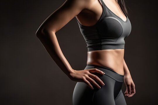 Fitness Woman Body: Beautiful athletic body - A close-up shot of a fitness woman while wearing workout clothes, showcasing her toned body. (Ai generated)