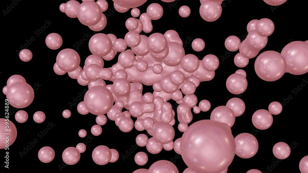 Poster abstract black background with pink 3d metaballs moving in different directions