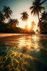 tropical beach with crystal clear water and palm trees, ai
