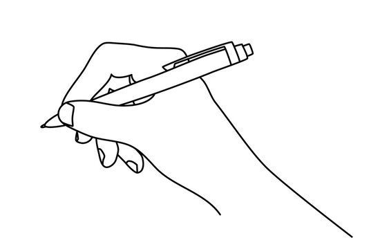 Hand holding a ball pen, writing, signing a document or drawing. Hand drawn with thin line. Png clipart isolated on transparent background