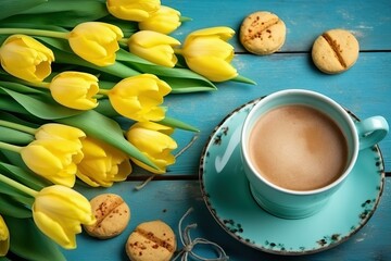 Obraz na płótnie Canvas Coffee mug with yellow tulip flowers on blue rustic table (Ai generated)