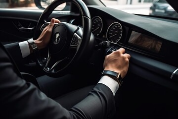 Driving, Business man in black suit drive a luxury car(Ai generated) - obrazy, fototapety, plakaty