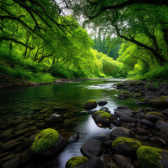 Obraz premium a lush forest with vibrant green foliage and a serene river flowing through it, ai
