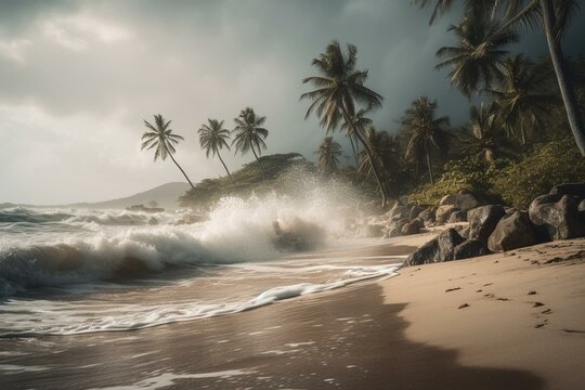 Tropical storm hits beach with palm trees swaying and waves crashing on sand. Generative AI