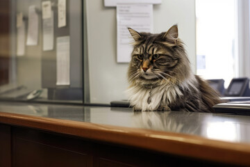 A banker cat sitting behind his desk in a bank. Created with Generative AI.