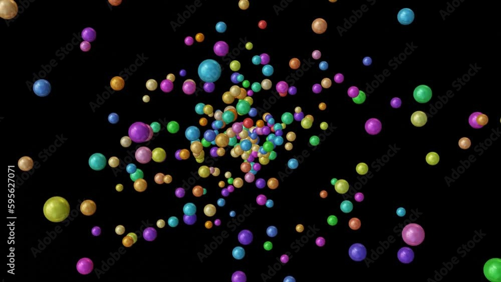 Poster abstract black background with colorful 3d spheres or balls moving fast in different directions