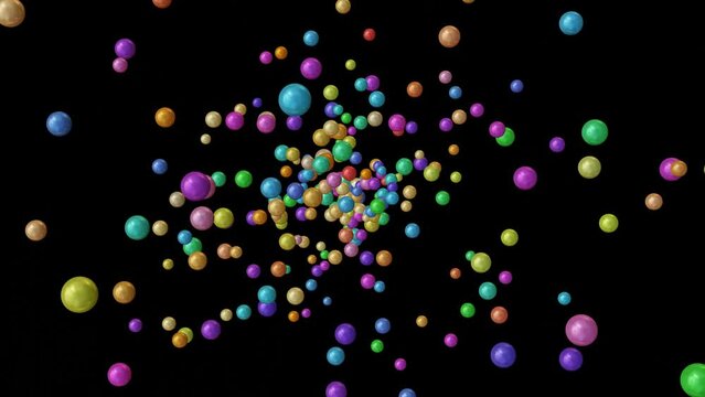 abstract black background with colorful 3d spheres or balls moving fast in different directions
