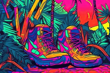 Hiking pop art montage in bold neon colors (Ai generated)