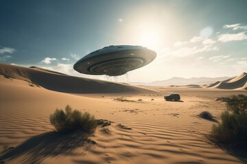 Naklejka na ściany i meble Sci-fi sand dune landscape with UFO. Generative AI
