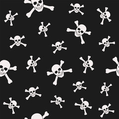 Fototapeta na wymiar A white skull with crossbones on a black background. Seamless pattern. The human skeleton and anatomy. Vector illustration.