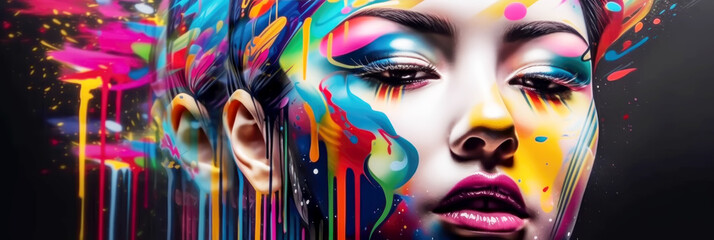 Fashion and painted creative makeup, young beautiful woman with abstract face art. Generative AI