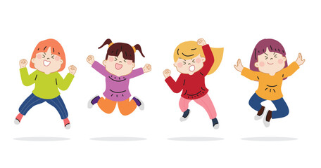 Set cute little kids jumping happy celebrating pose expression. Cartoon hand drawn character vector isolated on white background.