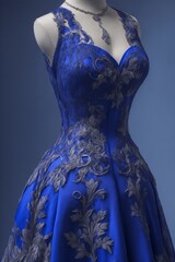 Obraz premium IA generativa Vestido elegante azul oscuro con encaje detallado en maniquí