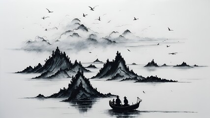 chinese, boat, ink, bay, coast, fishermen, fog, mountain, landscape, fog, old, clouds, illustration