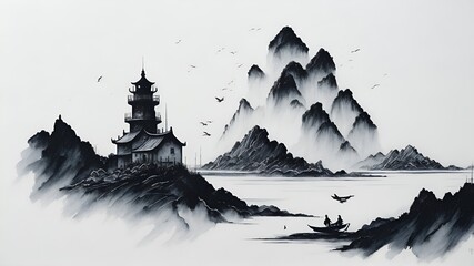 chinese, boat, ink, bay, coast, fishermen, fog, mountain, landscape, fog, old, clouds, illustration