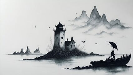 chinese, boat, ink, bay, coast, fishermen, fog, mountain, landscape, fog, old, clouds, illustration