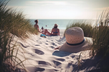 Fototapeta na wymiar Straw hat on the sandy beach close up. Summer holidays accessory. Generative AI