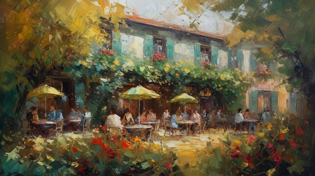 Digital oil painting of people sitting in a garden cafe and enjoying the sunny summer weather, impressionism, beautiful artistic image for poster, wallpaper, art print etc. Generative AI