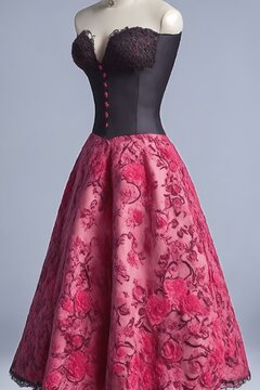 IA generativa Vestido rosa y negro en maniqu&iacute; con encaje de follaje fino y esquema de color magenta y gris