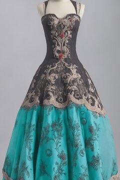 IA generativa Vestido en maniqu&iacute; con esquema de color negro y cian, detalles de corset y hombros centrados