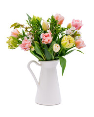 Elegant mixed tulips spring bouquet in white vase on white background. Spring tulips. Tulips bouquet cut out.