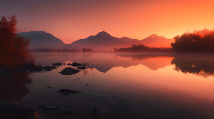 Fototapeta premium landscape photograph of a serene lake at sunrise, AI Generative art