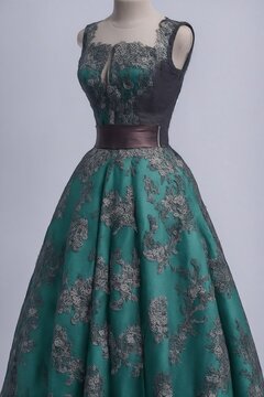 IA generativa Vestido en maniqu&iacute; con esquema de color verde oscuro y detalles de fantas&iacute;a de los a&ntilde;os 50
