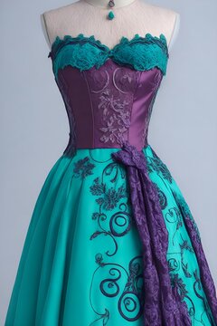 IA generativa Vestido verde y morado en maniqu&iacute; con motivos de &oacute;pera y esquema de color oscuro