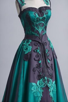 IA generativa Vestido en maniqu&iacute; con ropa verde oscuro ornamentada y esquema de color negro y cian