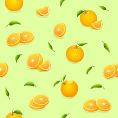 Seamless pattern. Oranges with leaves and orange slices and leaves on a light green background. Citrus fruits. Vitamins and minerals. Meal. Printing on fabric and wallpaper. Vector illustration.