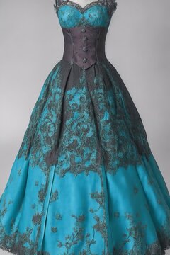 IA generativa Vestido azul y negro en maniqu&iacute; con encaje victoriano y esquema de color verde oscuro