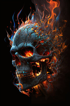 this fire skull image has a black background in the style , Generative AI