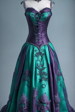 IA generativa Vestido verde y morado en maniqu&iacute; con apariencia aristocr&aacute;tica y esquema de colores profundos