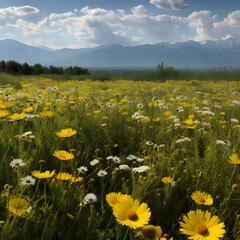 meadow with flowers dandelions sunflowers grass fields mountains clouds sunny grass trees