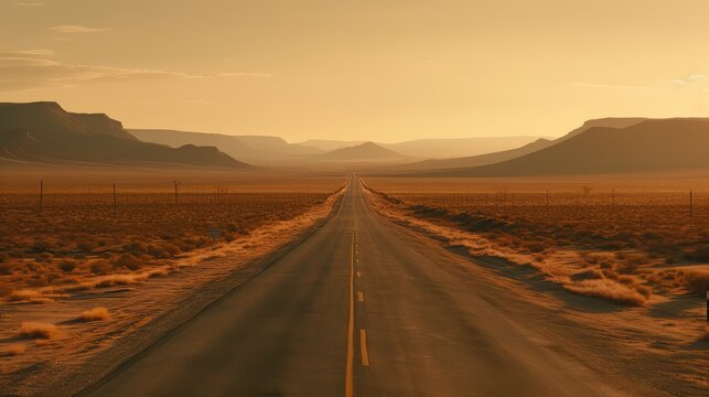 Rural open landscape with an seemingly endless road during sunset
