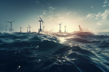 Green energy windmills in the ocean with eco-friendly systems and future technologies against the sky. Generative AI