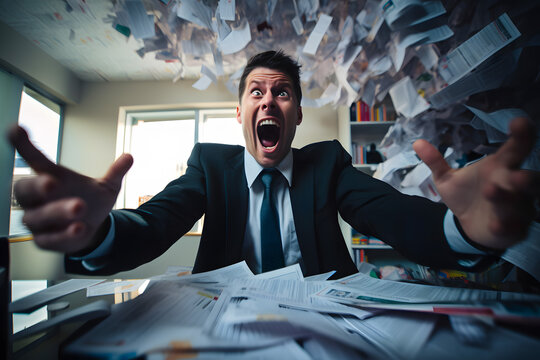 Businessman is drowning in a pile of documents and asking for help, screaming angry in stress while scattering documents around. Generative AI.