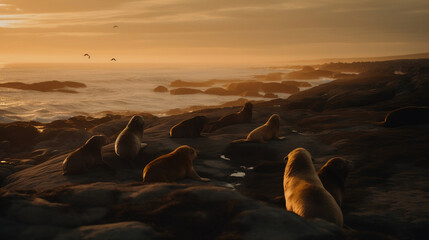 Seals sitting overwater in the golden hour of Iceland AI