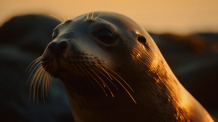 Seals sitting overwater in the golden hour of Iceland AI