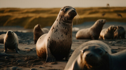 Seals sitting overwater in the golden hour of Iceland AI