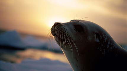 Seals sitting overwater in the golden hour of Iceland AI
