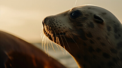 Seals sitting overwater in the golden hour of Iceland AI