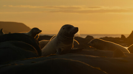 Seals sitting overwater in the golden hour of Iceland AI