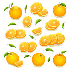 Oranges with leaves, orange slices, orange rings, an orange and an orange slice, leaves on an isolated white background. Citrus fruits. Vitamins and minerals. A set of oranges. Vector illustration.